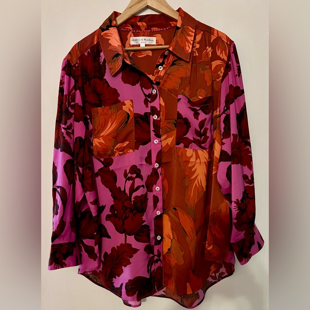 Chelsea & Theodore 2X Floral Button Up Blouse Pink Orange Sheer Lightweight